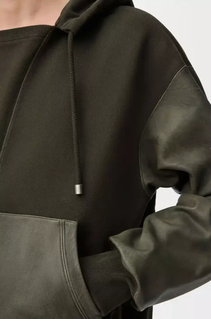 Hybrid-Hoodie aus Baumwolle und Nappa-Lammleder Khaki Green