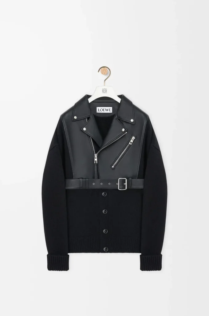 Hybrid-Strickjacke aus Nappalammleder und Wolle Schwarz/Schwarz