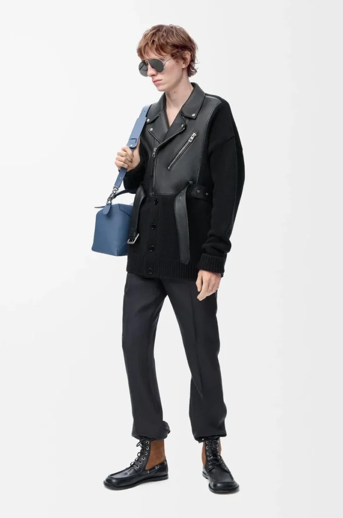 Hybrid-Strickjacke aus Nappalammleder und Wolle Schwarz/Schwarz