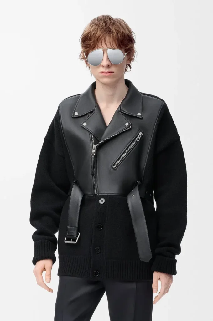 Hybrid-Strickjacke aus Nappalammleder und Wolle Schwarz/Schwarz