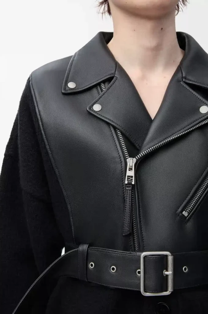 Hybrid-Strickjacke aus Nappalammleder und Wolle Schwarz/Schwarz