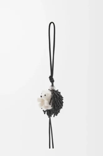 Igel-Anhänger aus Filz, Perlen und Kalbsleder Schwarz/Soft White