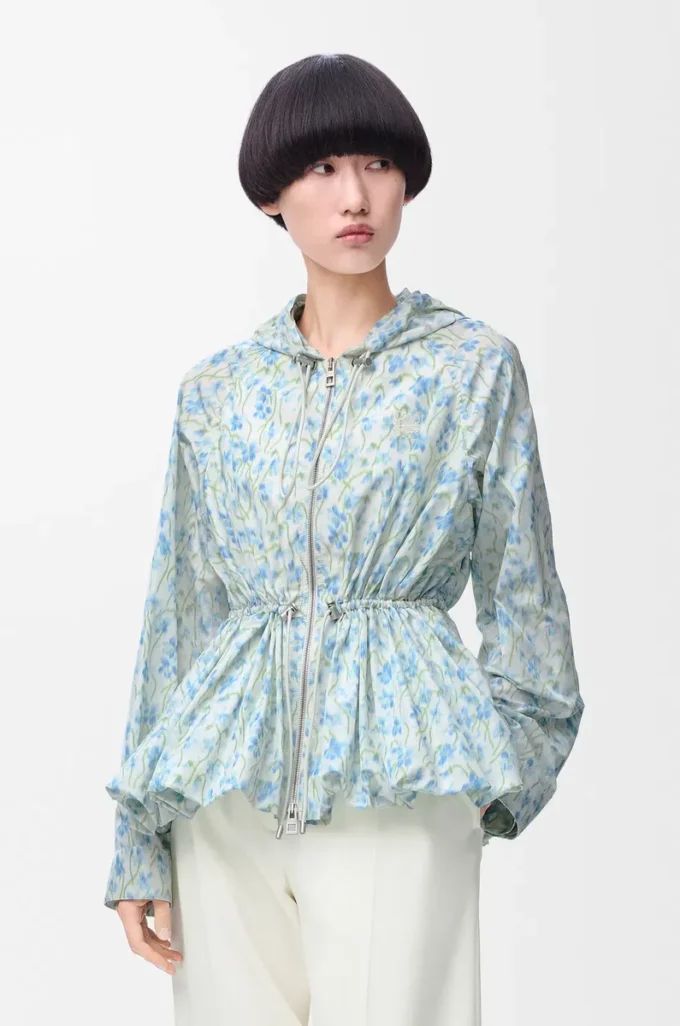 Kapuzenjacke aus Seidenmisch-Taft Weiß/Blau