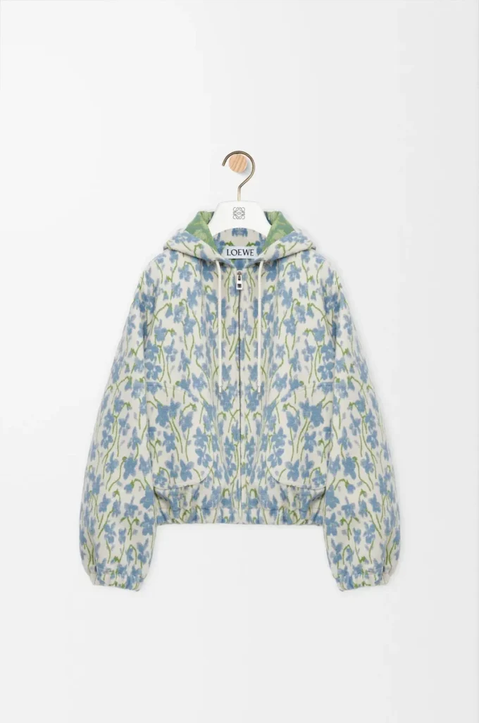 Kapuzenjacke aus Wolle und Baumwolle in Weiß/Blau