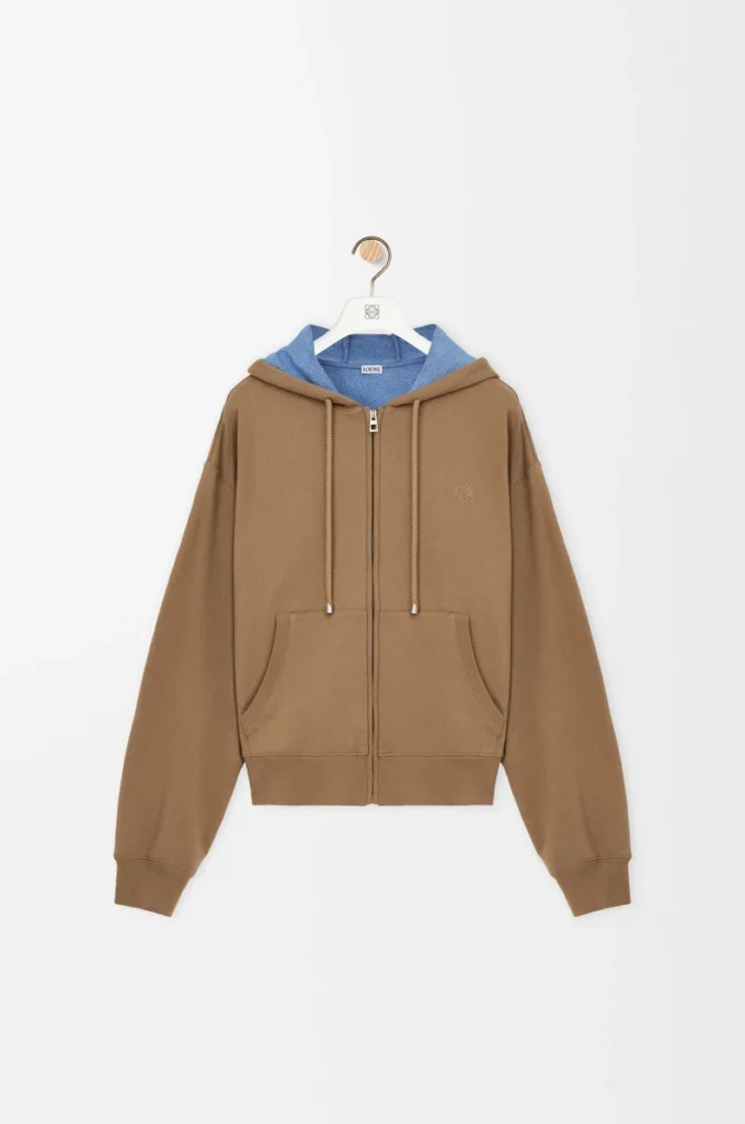 Kapuzenjacke mit Reißverschluss aus Baumwolle in Beige/Blau