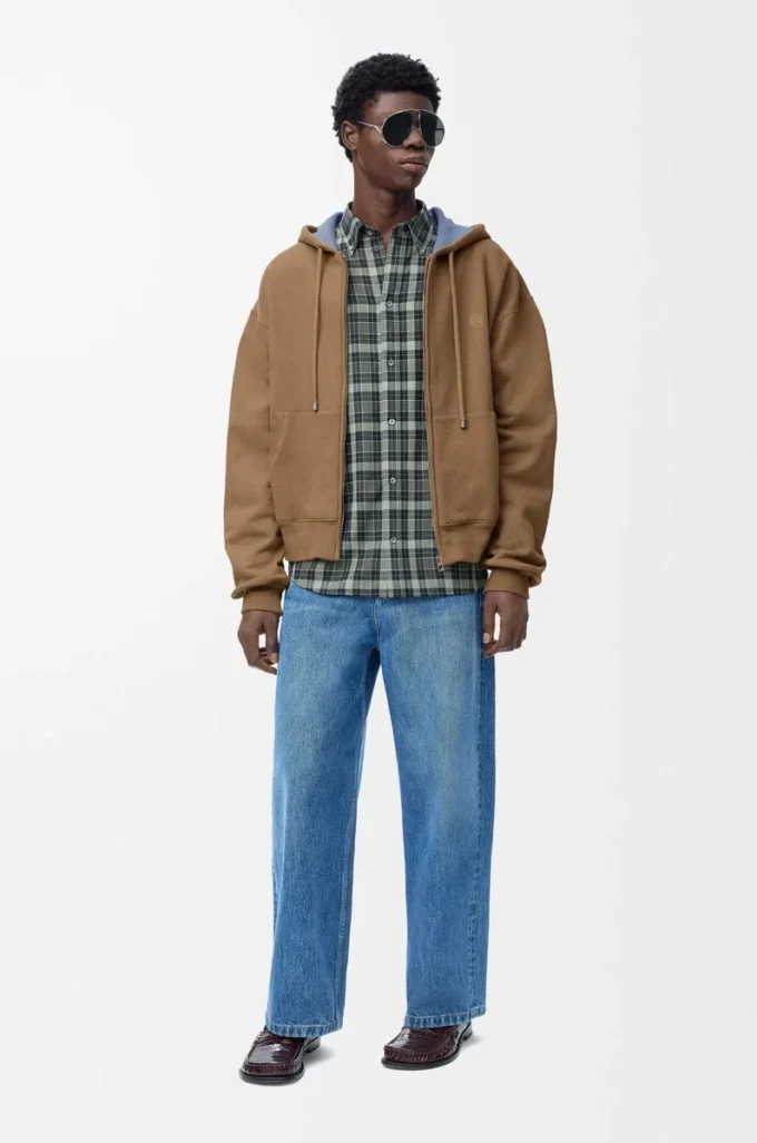 Kapuzenjacke mit Reißverschluss aus Baumwolle in Beige/Blau
