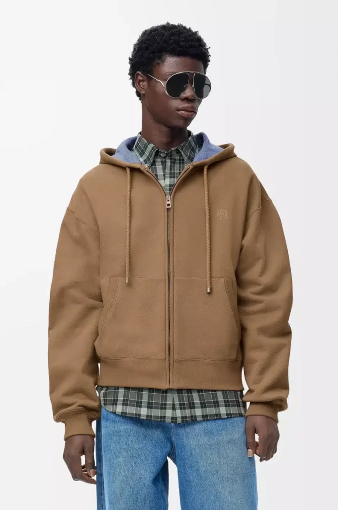 Kapuzenjacke mit Reißverschluss aus Baumwolle in Beige/Blau