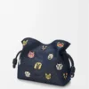 Katzen Medium Flamenco Clutch aus besticktem Denim Blau