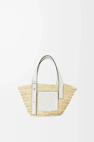 Kleine Basket-Tasche aus Palmblatt und Kalbsleder Natur/Weiß