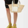 Kleine Basket-Tasche aus Palmblatt und Kalbsleder Natur/Weiß