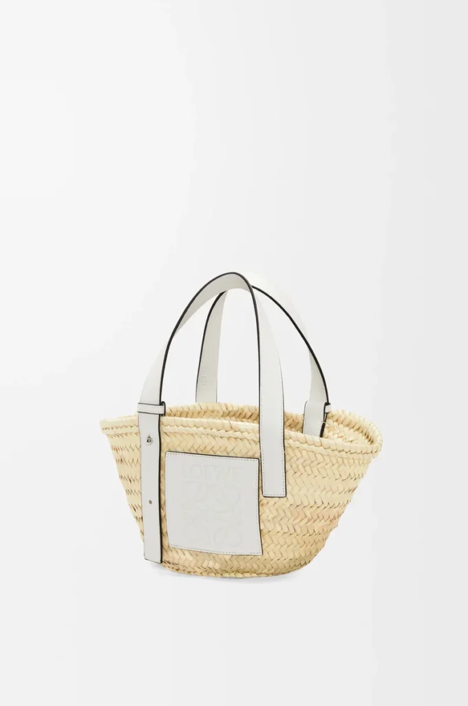 Kleine Basket-Tasche aus Palmblatt und Kalbsleder Natur/Weiß