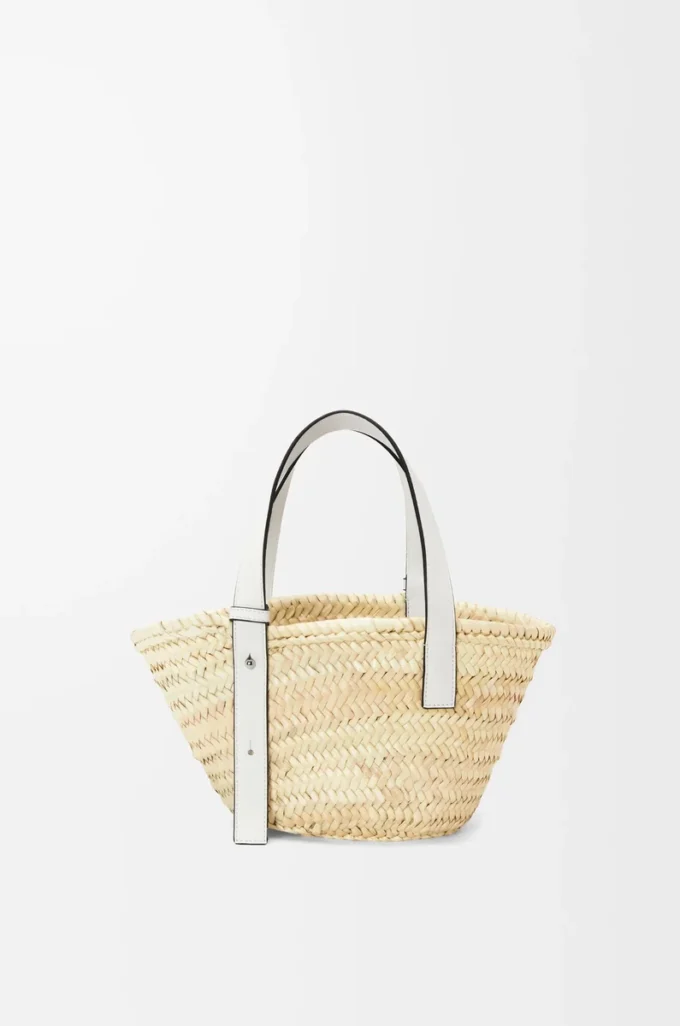 Kleine Basket-Tasche aus Palmblatt und Kalbsleder Natur/Weiß