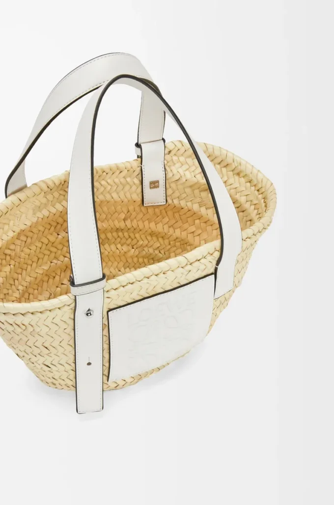 Kleine Basket-Tasche aus Palmblatt und Kalbsleder Natur/Weiß