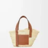 Kleine Basket-Tasche aus Palmblättern und Kalbsleder Natur/Hellbraun
