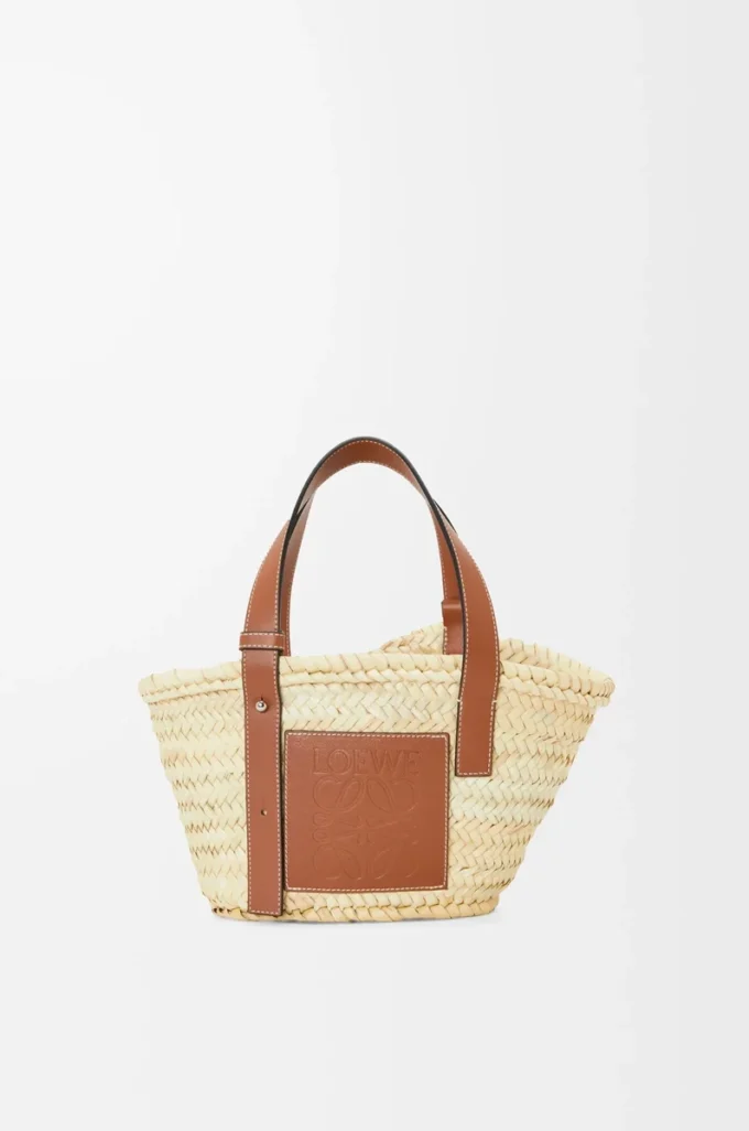 Kleine Basket-Tasche aus Palmblättern und Kalbsleder Natur/Hellbraun