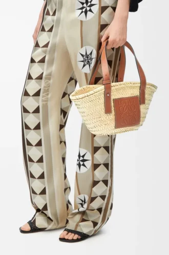 Kleine Basket-Tasche aus Palmblättern und Kalbsleder Natur/Hellbraun