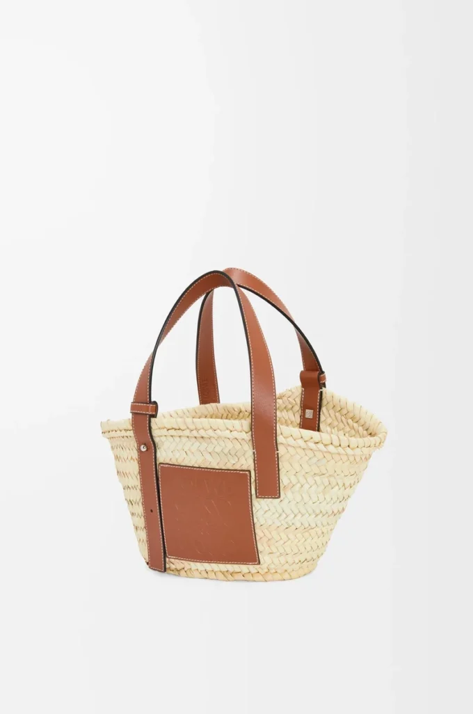 Kleine Basket-Tasche aus Palmblättern und Kalbsleder Natur/Hellbraun