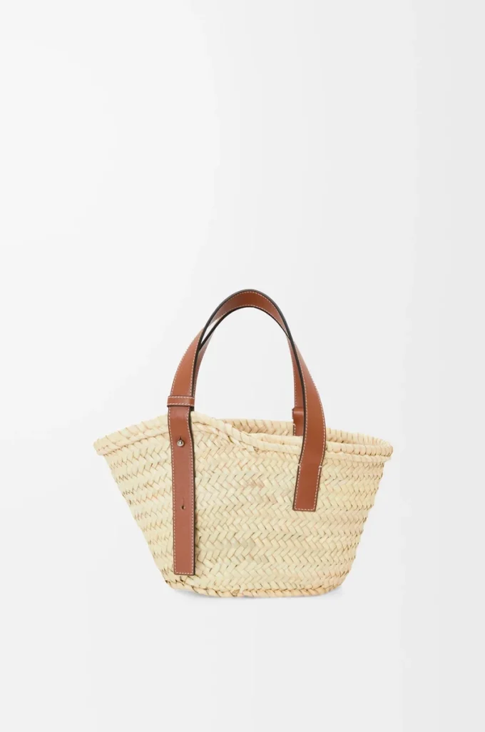 Kleine Basket-Tasche aus Palmblättern und Kalbsleder Natur/Hellbraun