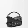Kleine Puzzle Biker-Tasche aus glänzendem Kalbsleder in Schwarz