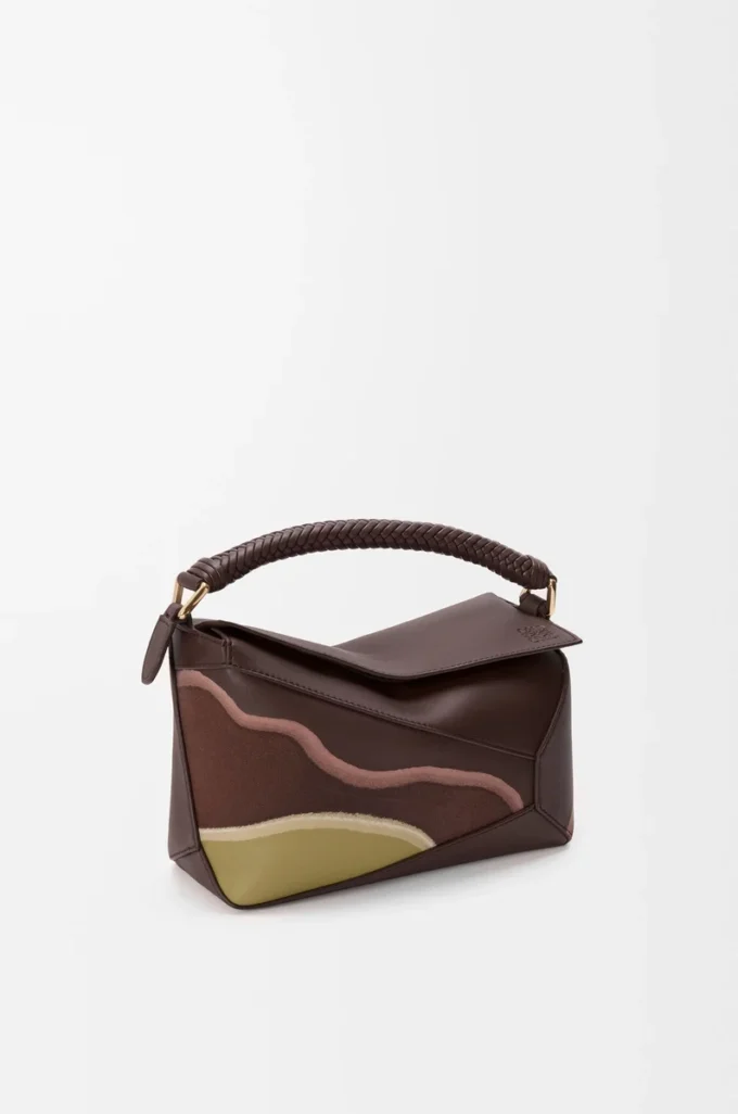 Kleine Puzzle Edge Landscape Tasche aus Nappakalbsleder in Schokoladenbraun/Hellmoos