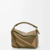 Kleine Puzzle-Tasche aus klassischem Kalbsleder und Wildleder Olive/Gold