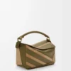 Kleine Puzzle-Tasche aus klassischem Kalbsleder und Wildleder Olive/Gold