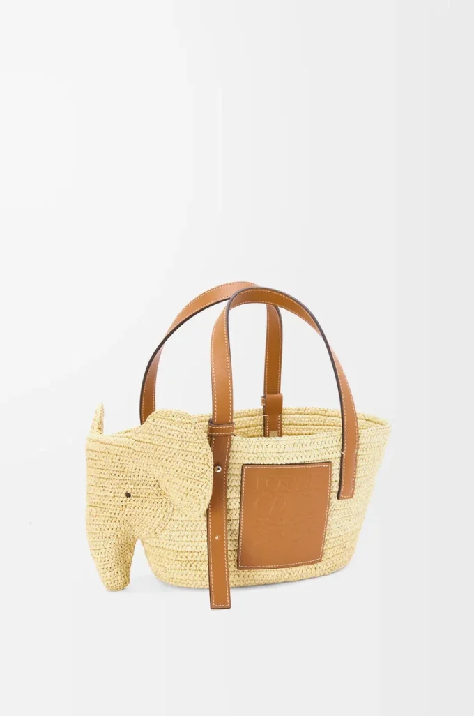 Kleiner Elephant-Korb aus Raffia und Kalbsleder in Natur/Hellbraun