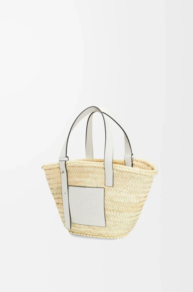 Korb-Tasche aus Palmblatt und Kalbsleder Natur/Weiß