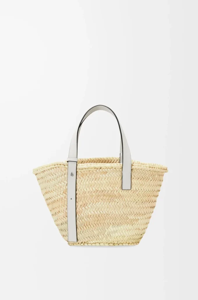 Korb-Tasche aus Palmblatt und Kalbsleder Natur/Weiß