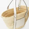 Korb-Tasche aus Palmblatt und Kalbsleder Natur/Weiß