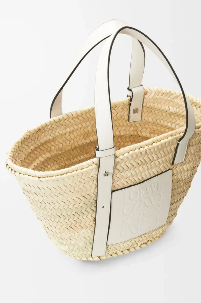 Korb-Tasche aus Palmblatt und Kalbsleder Natur/Weiß