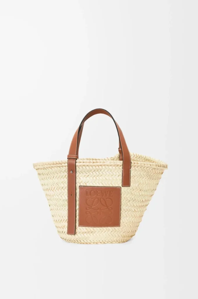 Korb-Tasche aus Palmblättern und Kalbsleder Natur/Hellbraun