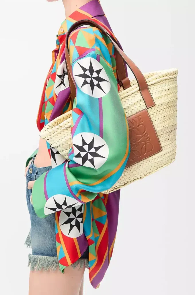 Korb-Tasche aus Palmblättern und Kalbsleder Natur/Hellbraun