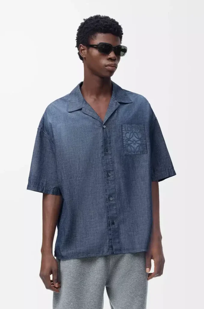 Kurzarmhemd aus Baumwolle Washed Blue