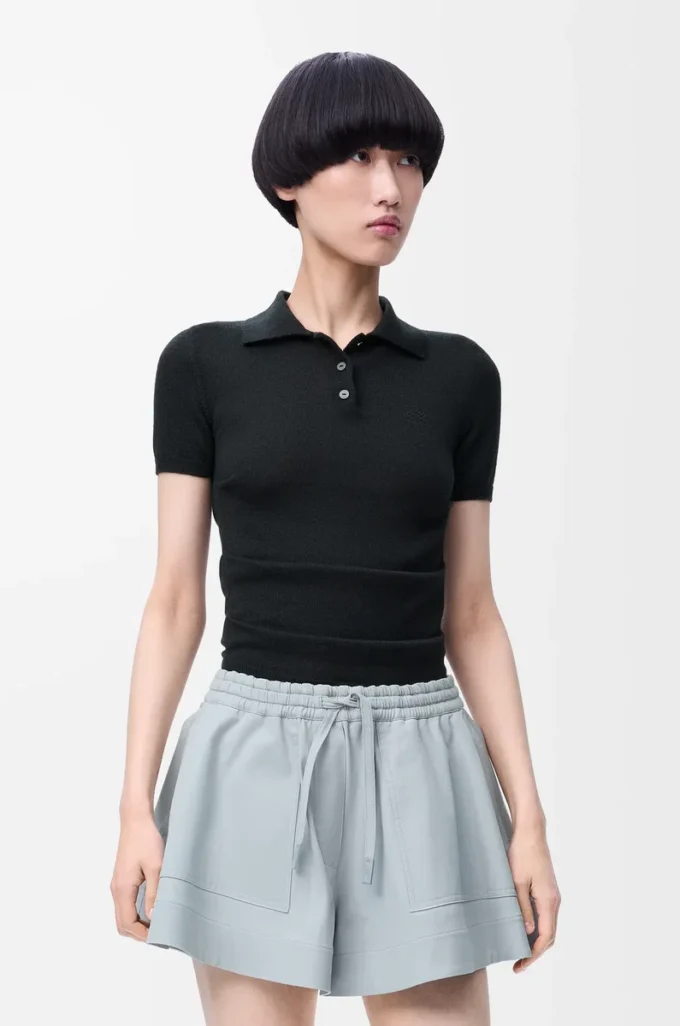 Kurzärmeliger Polo-Pullover aus Kaschmir und Seide Schwarz