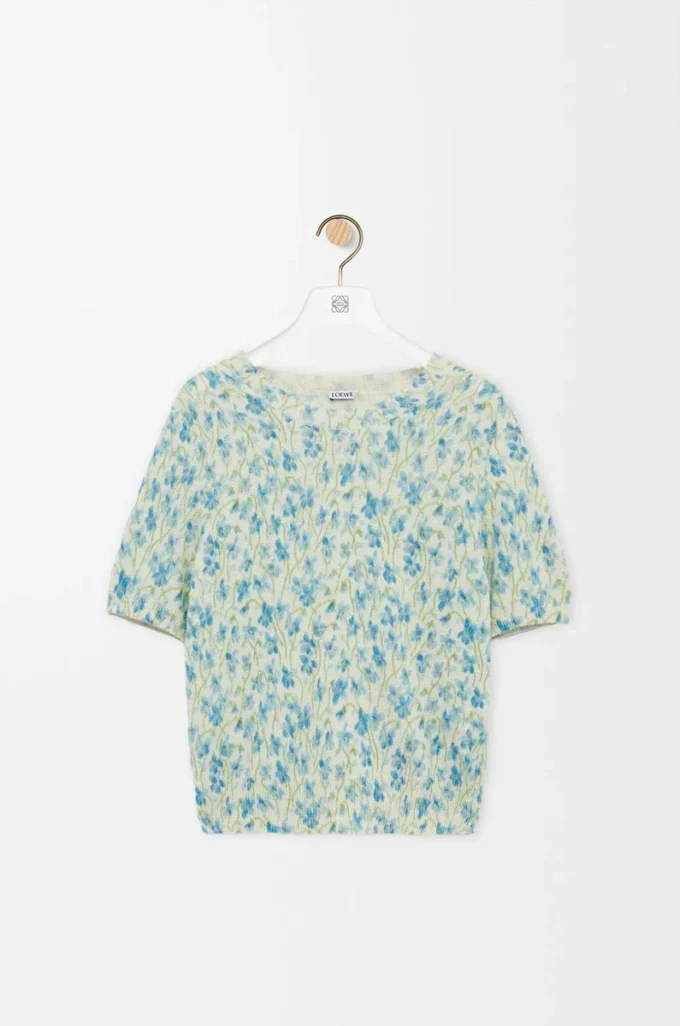Kurzärmeliger Pullover aus Baumwollmischung Weiß/Blau