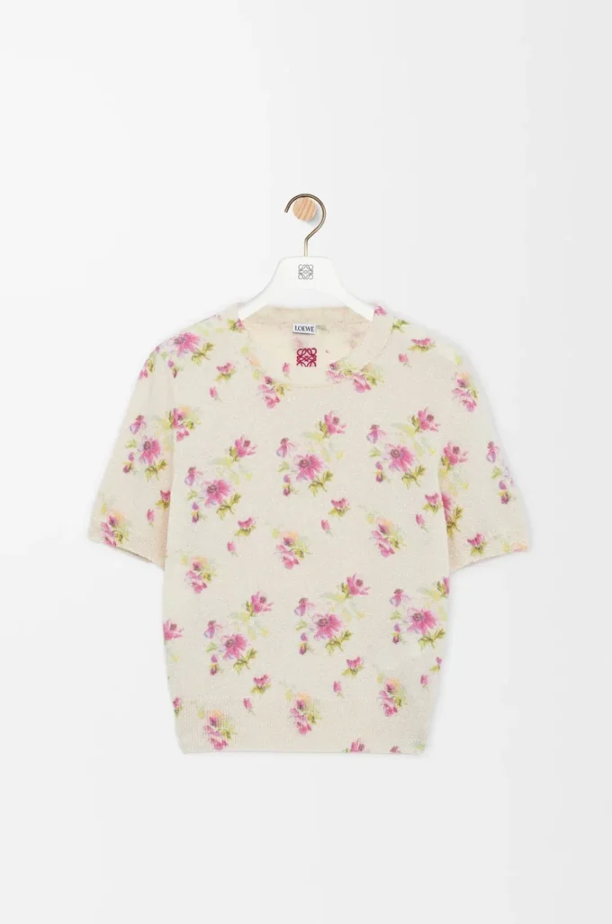 Kurzärmeliger Pullover aus Baumwollmischung Weiß/Rosa