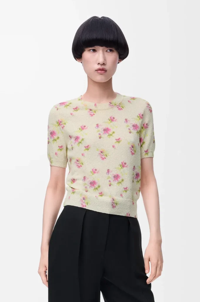 Kurzärmeliger Pullover aus Baumwollmischung Weiß/Rosa
