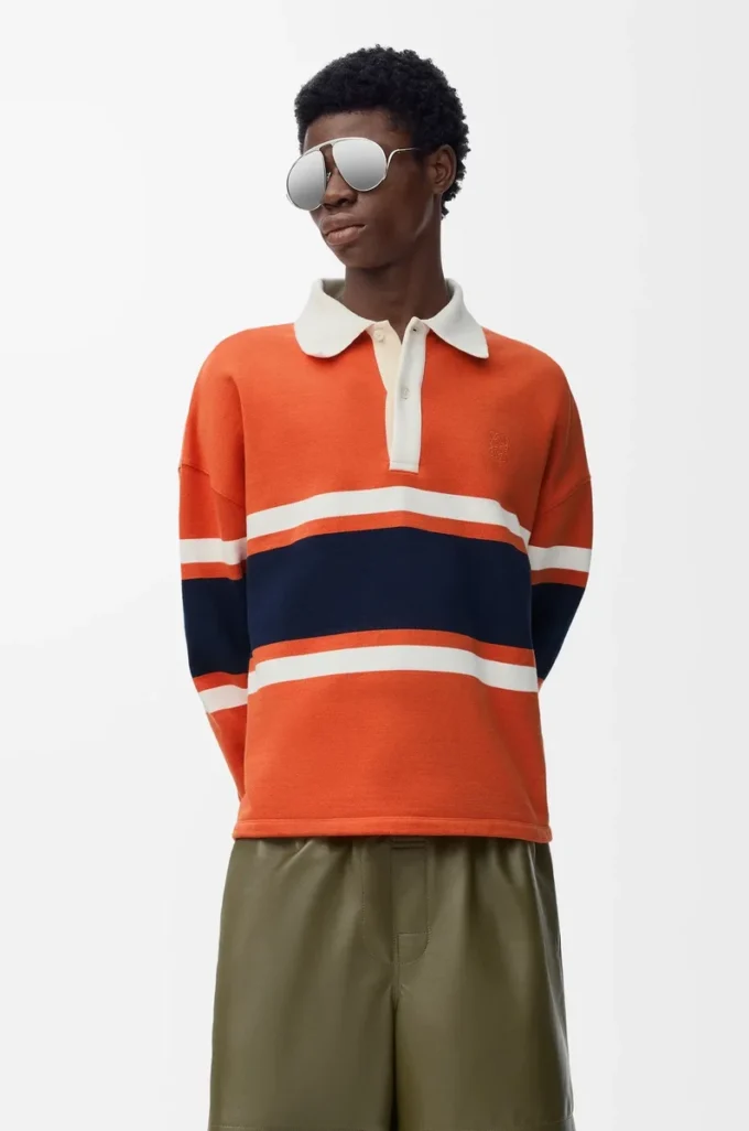 Langärmliges Poloshirt aus Baumwolle Orange/Marineblau
