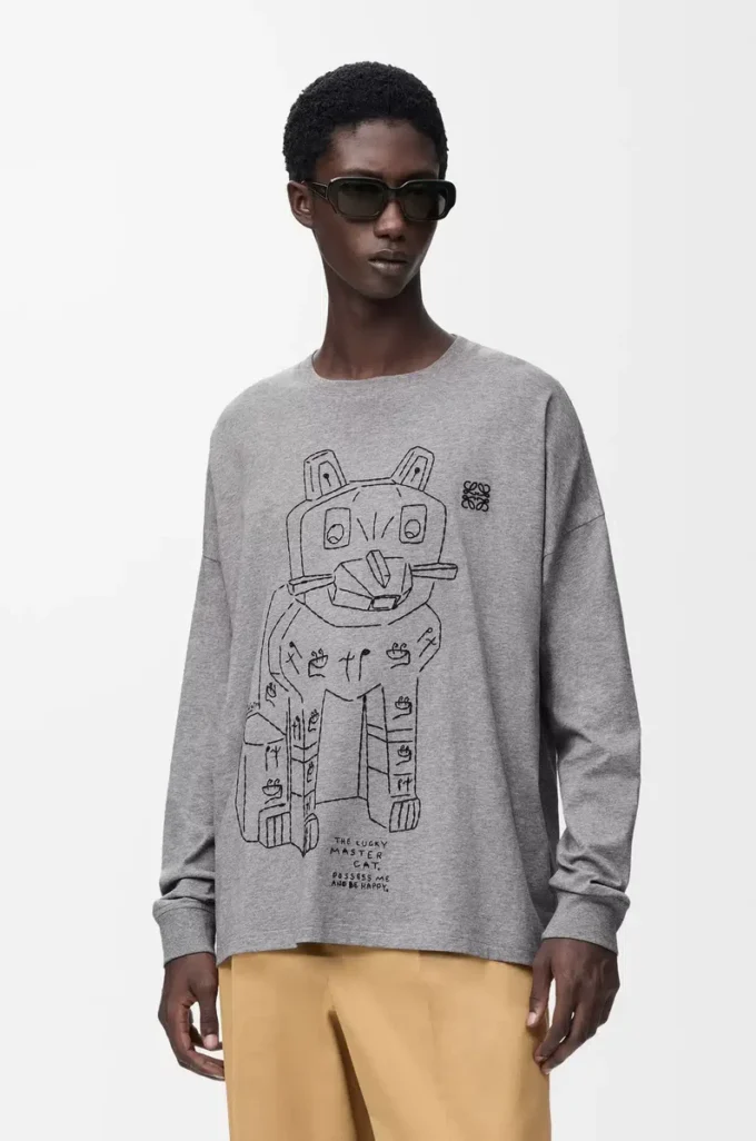 Langärmliges T-Shirt aus Baumwolle in Grau meliert