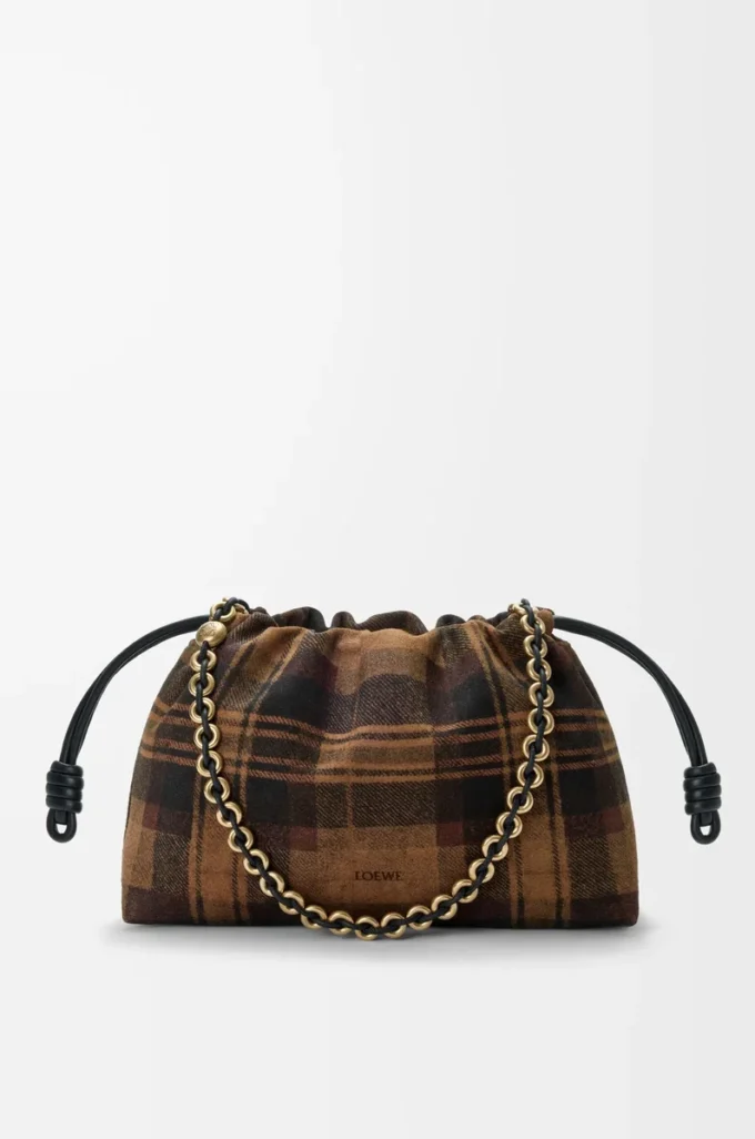 Medium Flamenco Handtasche aus Tartan-Wildleder Tan/Schwarz