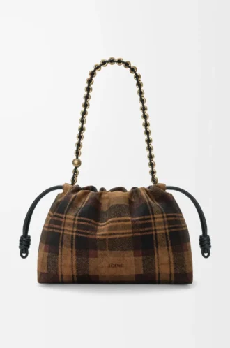 Medium Flamenco Handtasche aus Tartan-Wildleder Tan/Schwarz
