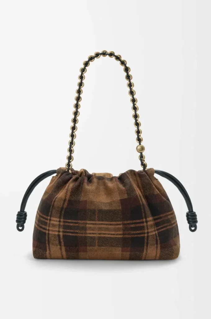 Medium Flamenco Handtasche aus Tartan-Wildleder Tan/Schwarz
