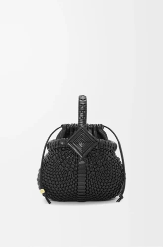 Mini Diamond Round Basket Tasche aus Kalbsleder Schwarz