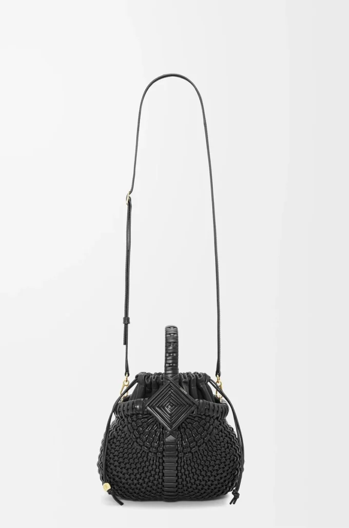 Mini Diamond Round Basket Tasche aus Kalbsleder Schwarz