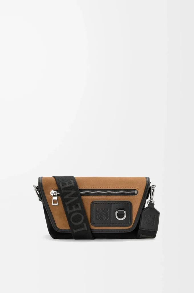Mini Flex Messenger aus Canvas und Wildleder Schwarz/Dunkelgold