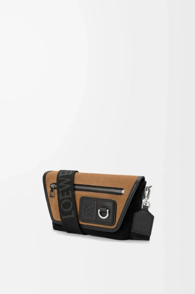 Mini Flex Messenger aus Canvas und Wildleder Schwarz/Dunkelgold