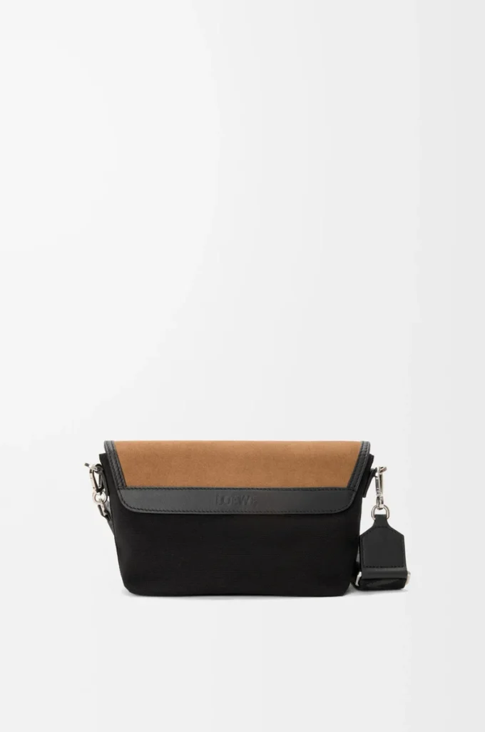Mini Flex Messenger aus Canvas und Wildleder Schwarz/Dunkelgold