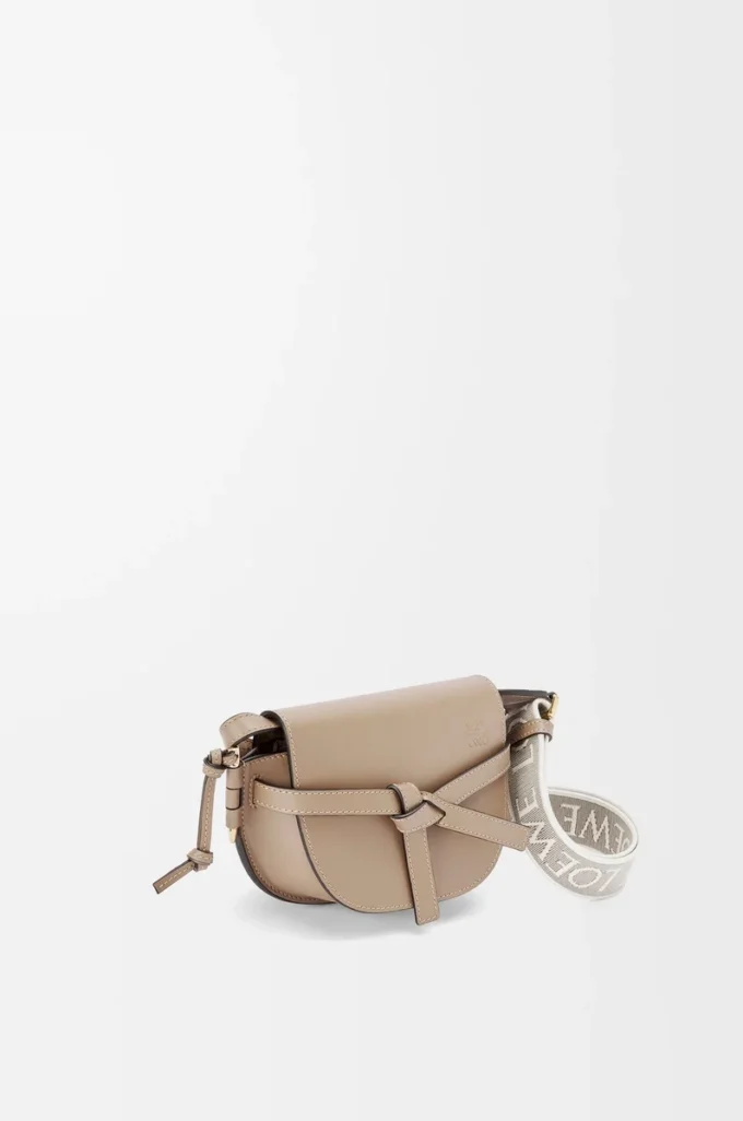 Mini Gate Dual Tasche aus weichem Kalbsleder und Jacquard Sand