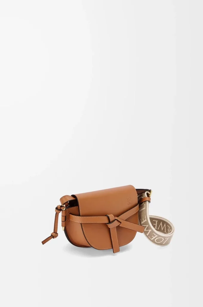 Mini Gate Dual Tasche aus weichem Kalbsleder und Jacquard Tan